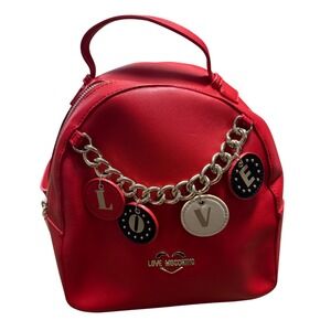 Love Moschino Red Faux Leather Backpack LOVE Charm Chain Gold Logo New